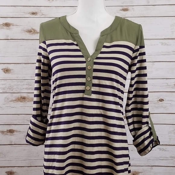 BKE Tops - BKE Striped Shirt with Roll Tab Sleeves